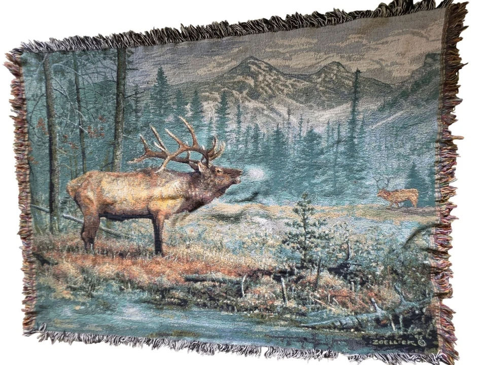 VTG Scott Zoellick Elk Woven Tapestry Throw Blanket 1995 Cabin Lodge Decor 66x50 - Image 1 of 4