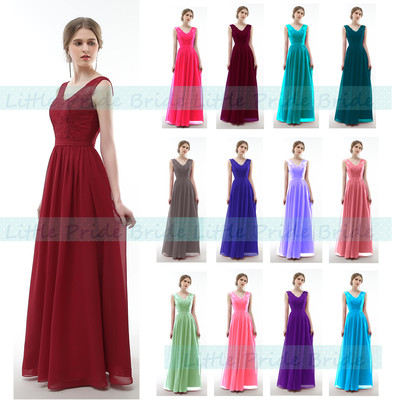 A-Line V-Ausschnitt Spitze bodenlanges Chiffon Brautjungfernkleid mit 6-22 (JS52)