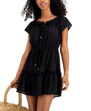 Miken Women's Black Solid Ruffled Lace-Up Swim Cover-Up Dress Size Small