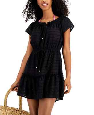 Miken Women's Black Solid Ruffled Lace-Up Swim Cover-Up Dress Size Small