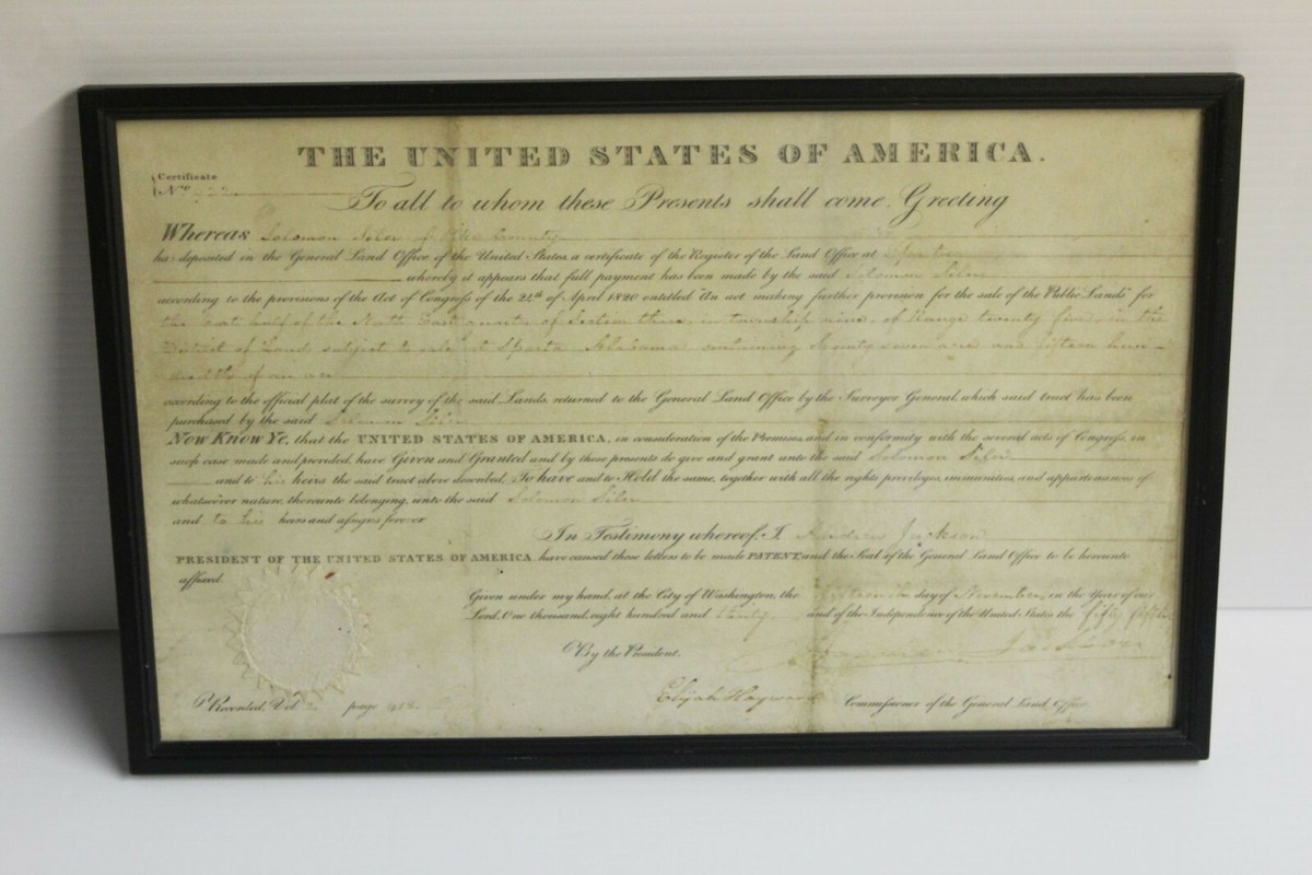 President Andrew Jackson Signed Original 1830 Land Grant Document 
