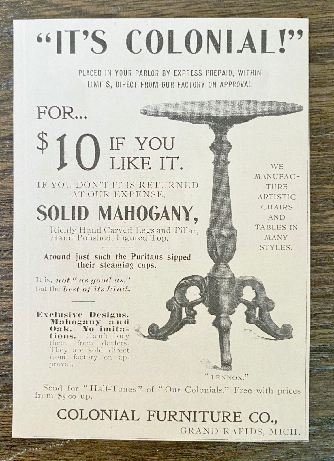 Antique 1899 COLONIAL FURNITURE Vtg Victorian Print AdSolid Mahogany