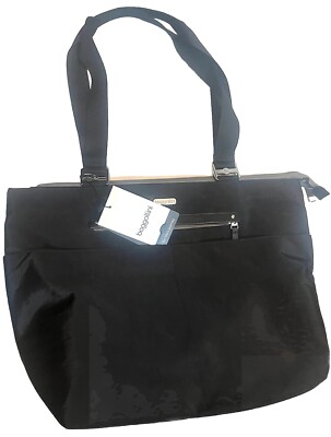 NWT BAGGALLINI SHOULDER TOTE BAG SILVER ZIPPED BLACK NYLON MULTIPLE POCKETS 