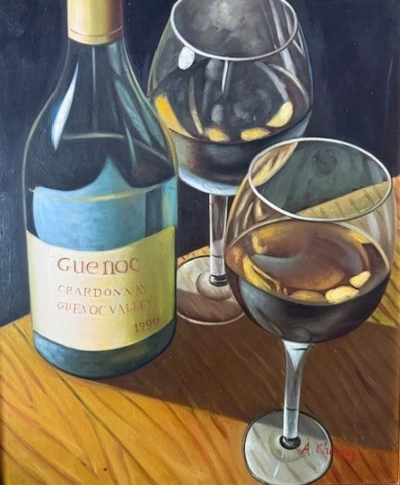 Pintura al óleo sobre lienzo grande - Botella de rojo (y dos vasos) - Marco dorado ornamentado Foto 2 de 3