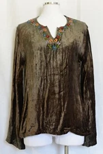 Best United Garment Company Brown Faux Velvet Floral Shirt Top Blouse Large