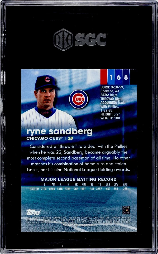 2020 Topps Stadium Club Chrome #168 Ryne Sandberg SGC 10 GEM MINT - Image 2 of 2
