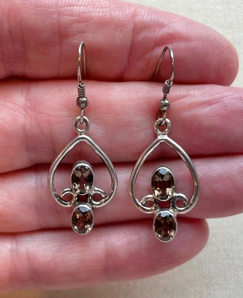 Smokey Topaz Dangle Earrings Sterling Wave Curve Vintage Steampunk Artisan 1.75" - Image 3 of 4