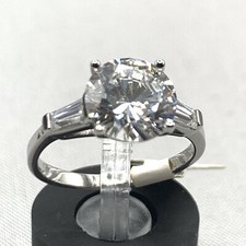 3ct Brilliant Round CZ Engagement Ring w Baguettes Sterling Silver Size 6.25