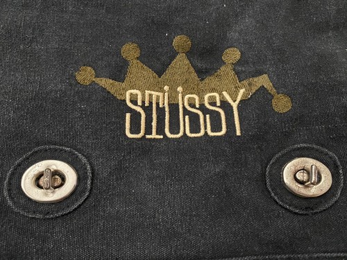 Stussy 90’s Embroidered Sling Black Denim Distressed Bag - Picture 2 of 12