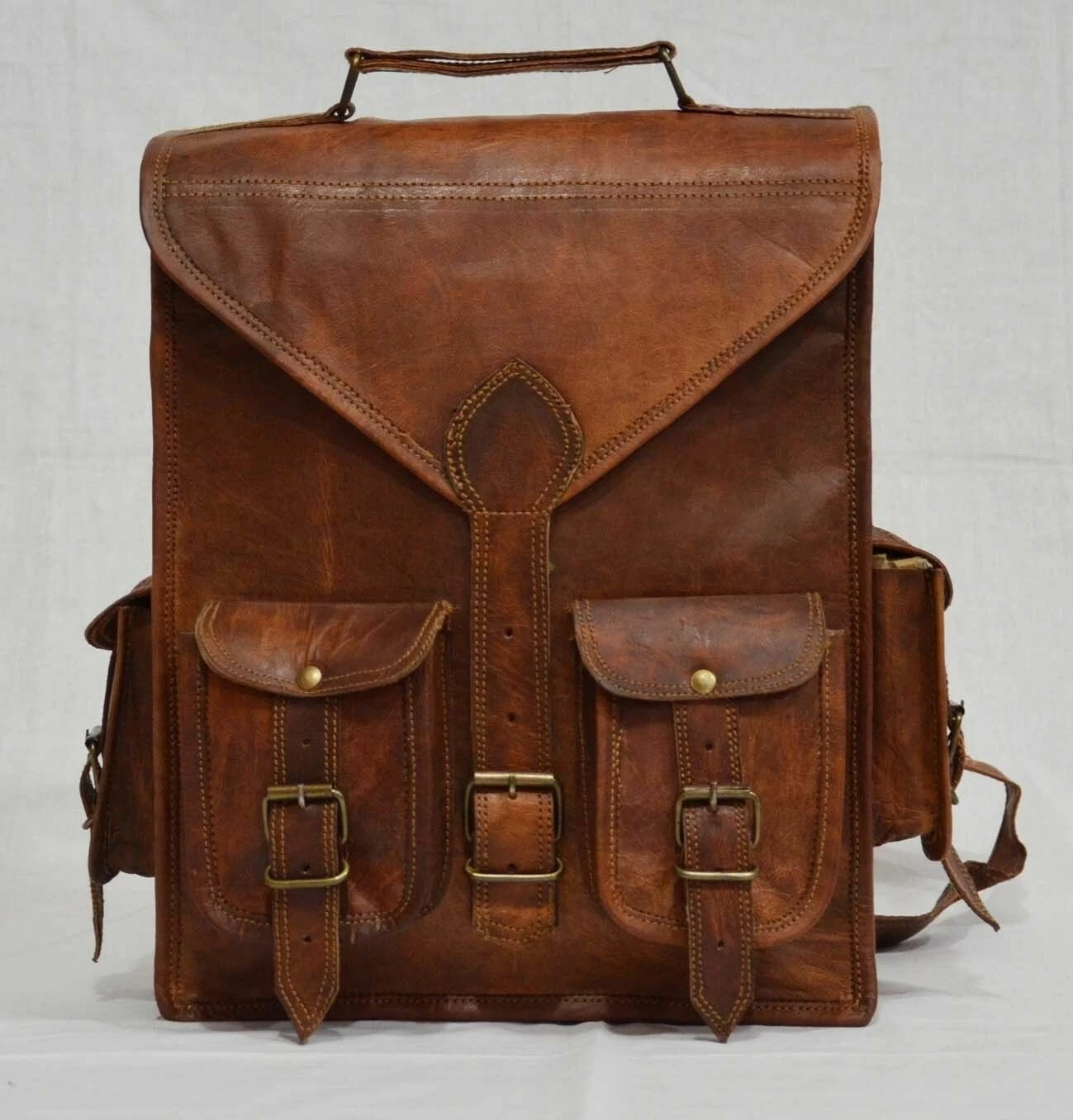 Leather Goat Bag Backpack Laptop Rucksack Vintage Genuine Travel Brown Men's Men