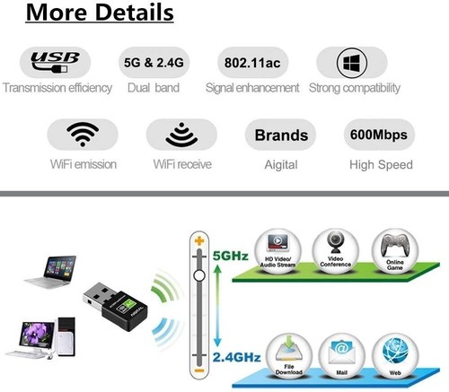 Wireless USB WiFi Dongle Network Adapter LAN 600 Mbps Dual Band For PC Laptop 5G - Afbeelding 5 van 7