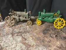2 Vintage John Deere Tractors OP Cast Iron Green And Yellow Farm Equipment