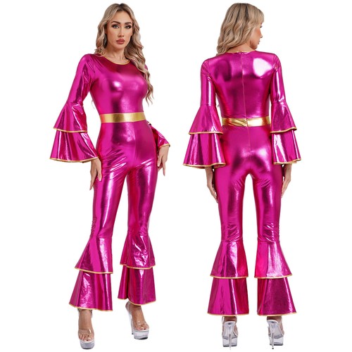 Damen 70er Disco Hippie Kostüm Glänzender Jumpsuit Einteiliger Overall Karneval - Bild 4 von 52