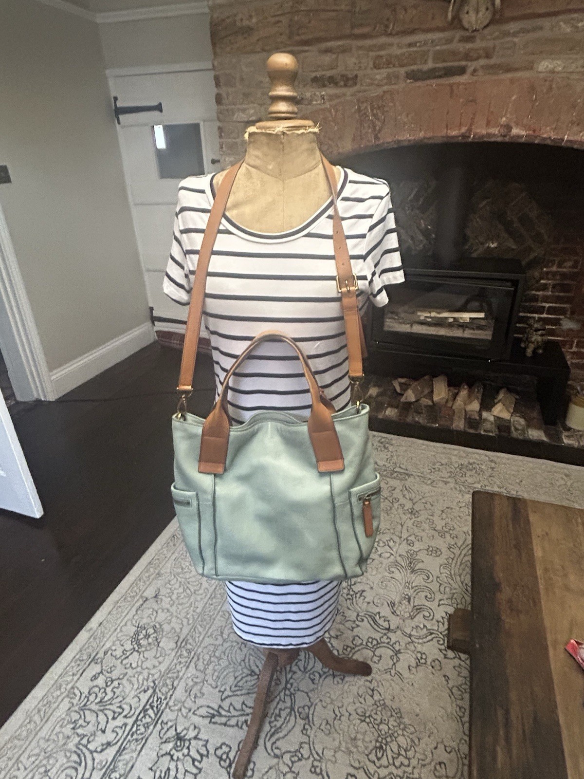 Fossil Emerson Medium Green Leather Satchel Top Handle Bag & Crossbody Strap image 8