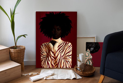 Black Woman Wall Art Canvas, Afro Portrait Zebra Fashion, Burgundy Background