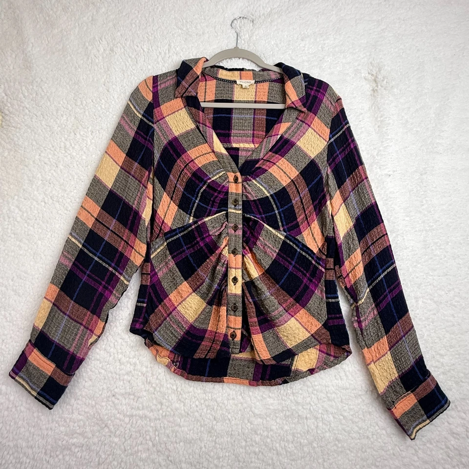 Blusa Pilcro Anthropologie xadrez M botão frontal franzida manga longa top outono - Imagem 2 de 4