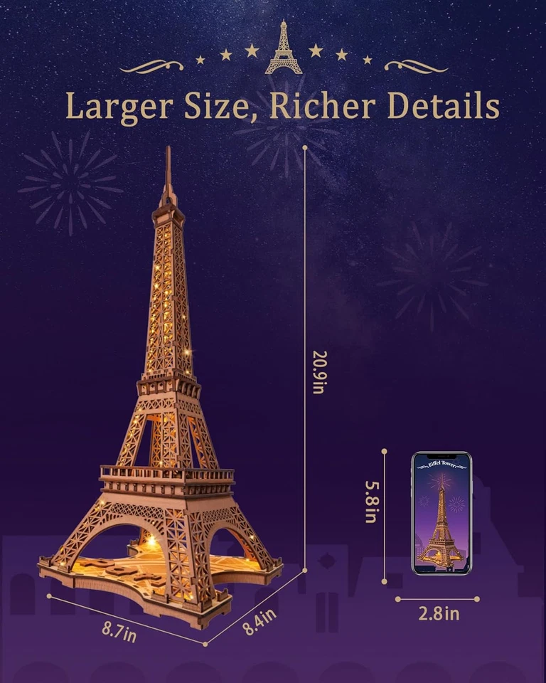 Torre Eiffel Con Kit Di Costruzione Modello Di Luce, Puzzle in Legno 3D - Parigi - Immagine 3 di 4