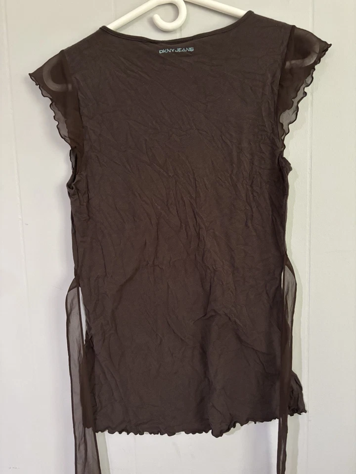 DKNY Babydoll Top Womens L Brown Knit Sheer Lettuce Hem Cap Sleeves Tie Back Y2K - Image 2 of 4