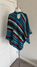 VINTAGE HANDMADE WOOL STRIPED FRINGE MULTICOLOR PONCHO