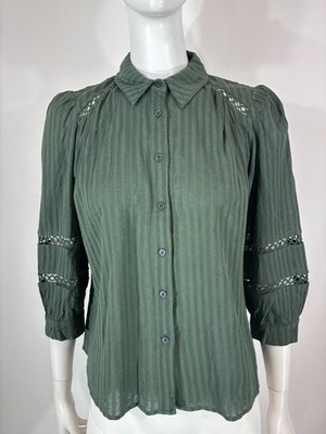BA&SH Bluse Damen XS 3/4 Arm Häkeldetail Knopfleiste Nadelstreifen grün