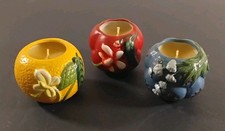 Round Ball Floral Design Candles Set Of 3 Unused Unique Shapes Red Blue Yellow
