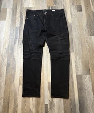 Bleecker & Mercer Distressed Black Denim Jeans SZ 38 Patches Frayed Motocore Art