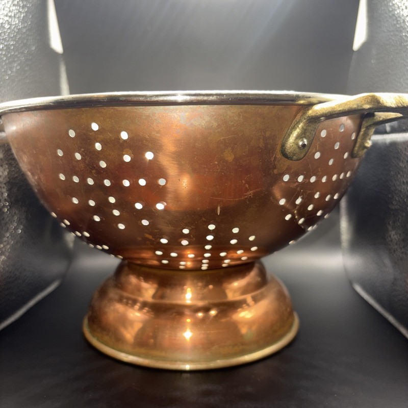 Vintage ODI  9'' Copper Colander Strainer Brass Handles Pedestal Footed Korea
