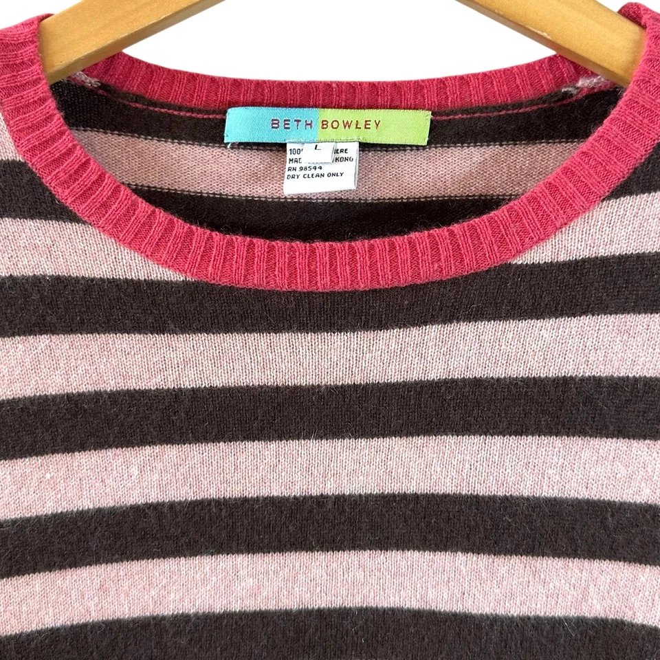 Свитер Beth Bowley в розовую и коричневую полоску 100% кашемир с круглым вырезом размер большой - Изображение 3 из 4