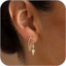 Dangle Earrings for Women,Dainty 14K Gold Plated CZ Triple Huggie Stud Earring T