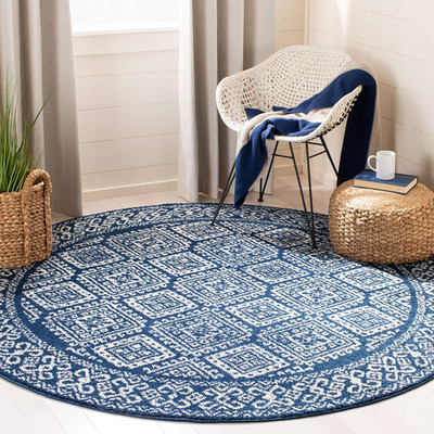 Tulum 10' Round Area Rug - Navy & Ivory Moroccan Boho, Easy Clean Design