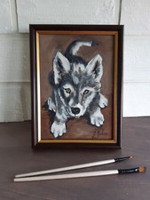 Quadro lupo animale arte originale incorniciato 7 x 5 coppie lupi olio arte d...