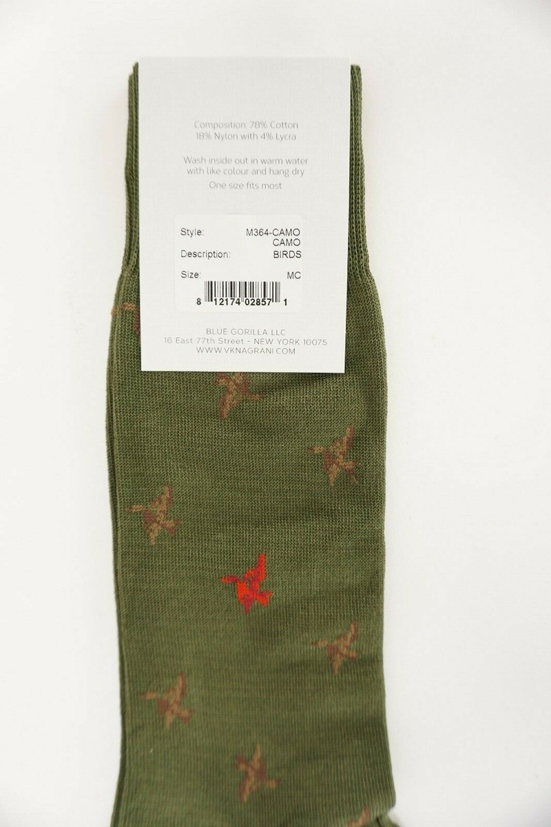 VK Nagrani Men’s Premium Over Calf Socks – Camo Olive, Bird Pattern, 78% Cotton, One Size 7-14, Made In Italy