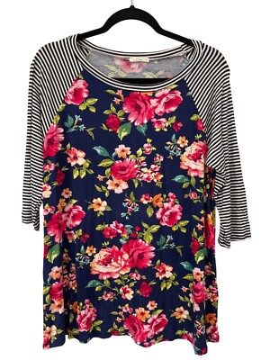 E Luna Striped Floral Raglan Sleeve Blouse Size Large Navy Multicolor Botanical