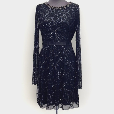 Needle & Thread Sequin Dress Women 10 Black Long Sleeve Knee Length Tulle Mesh
