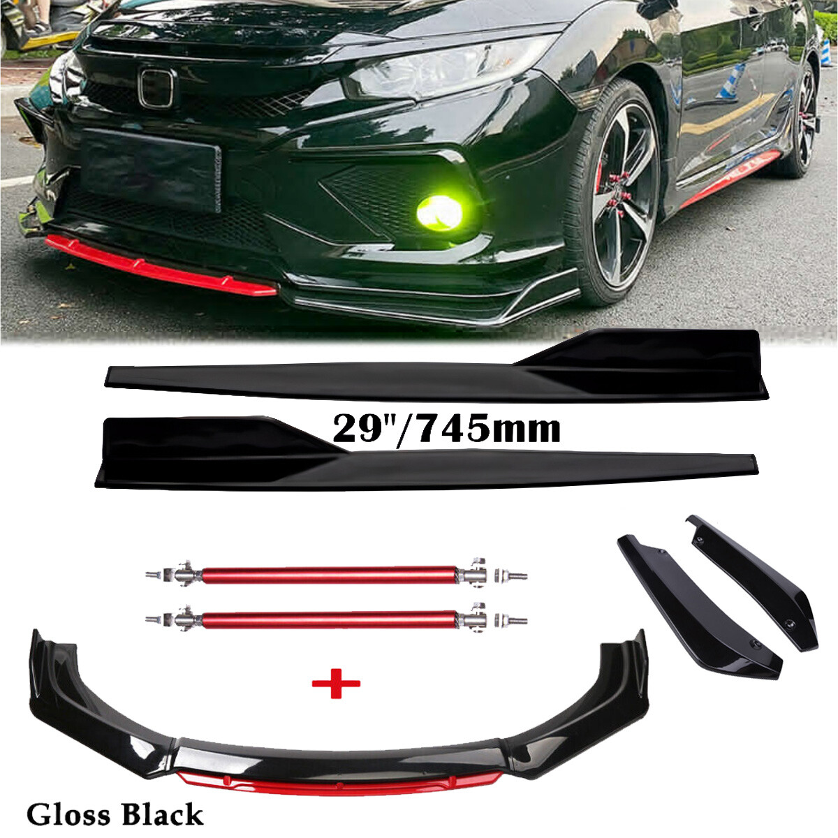 Front Bumper Lip Spoiler Splitter Rear Lip Side Skirt For Honda Civic Hatchback