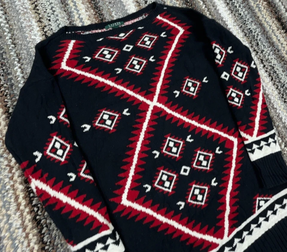 Suéter Lauren Ralph Lauren Mujer Mediano Negro Rojo Tejido Azteca Suroeste De Colección Foto 4 de 4