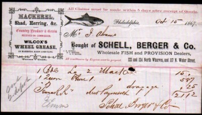 1867 Philadelphia - Schell Berger & Co - Fish Provision - Rare Letter Head Bill