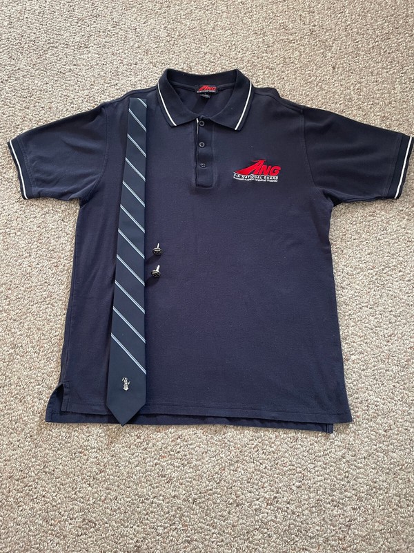 AIR NATIONAL GUARD POLO SHIRT, BLUE STRIPE MARTHA WEEMS POLYESTER TIE, CUFF LK .