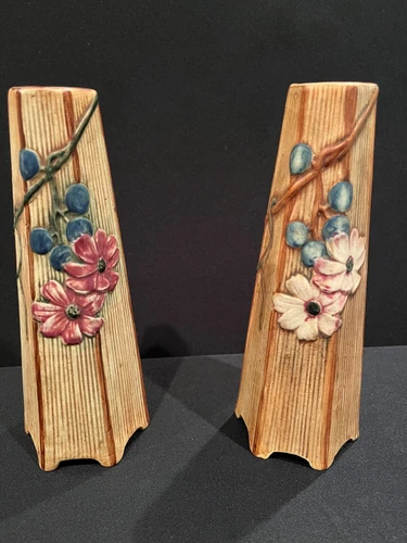 Pair Antique Weller Pottery Klyro Bud Vases Grapes & Purple/Red Flowers-VG