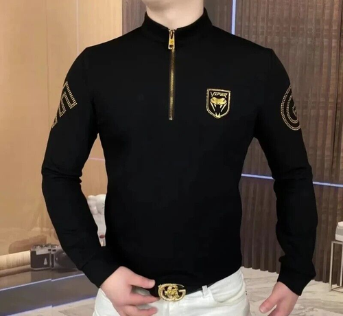 New Men Luxury Rhinestones Fashion Black Pullover High Quality - Picture 2 of 5