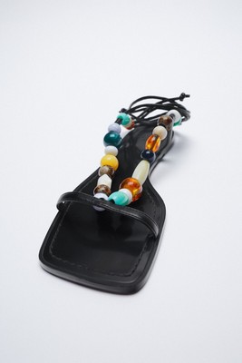Zara Beaded Wrap Up Sandals Flat Shoes Lace black Strappy