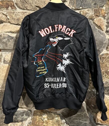 Vintage 90s Korean Wolf Pack Air Force Men’s XL Satin Bomber Jacket Embroidered