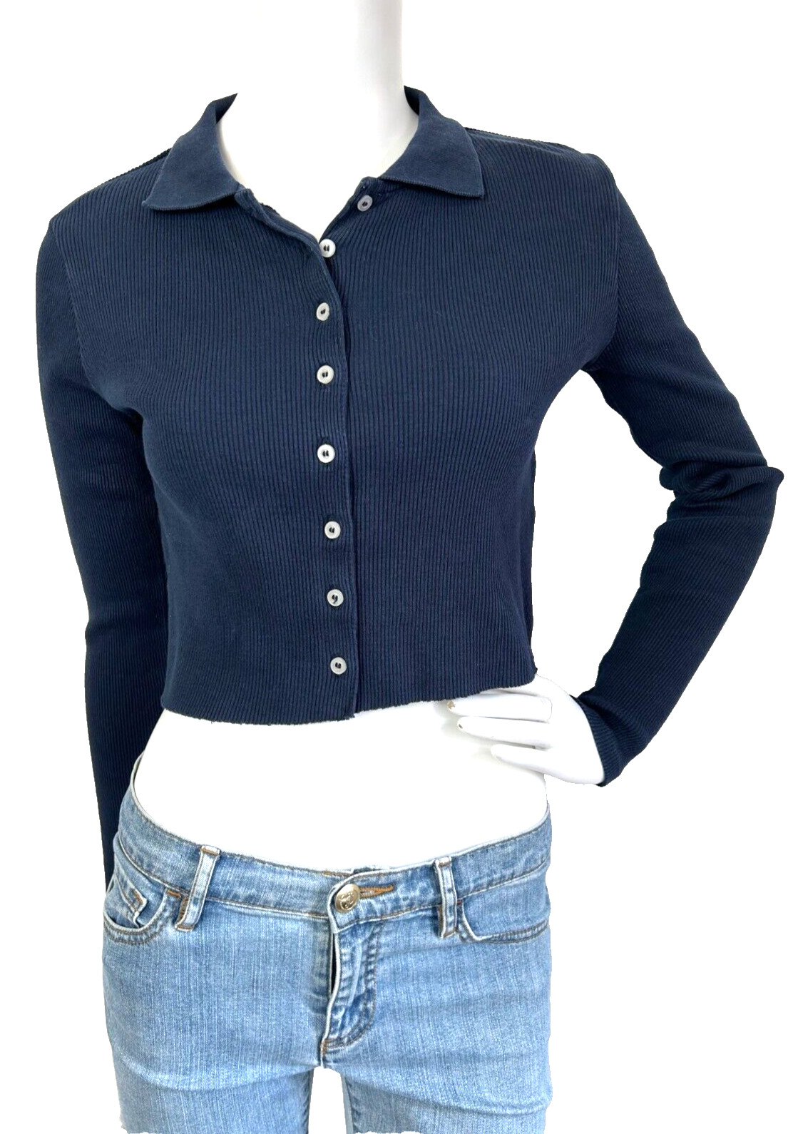 Brandy Melville Crop Polo Ribbed Collared Buttons Raw Hem Long