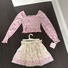 LoveShackFancy Girls 2-Piece Smocked Long Sleeve Top Skirt Set Floral Pink 12