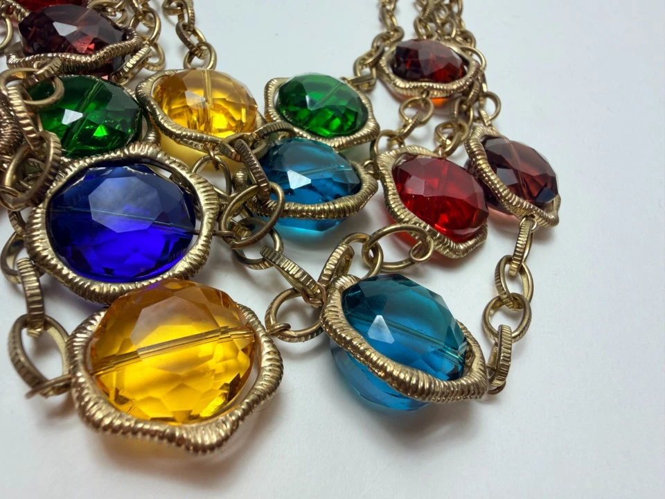 Collar Vintage Tono Dorado 4 Hilos Multicolor Grande Cristal Bisel 20" Foto 4 de 4