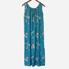 70s Sheer Floral Maxi Dress/Kaftan Teal Boho Slip Dress Vintage M/L