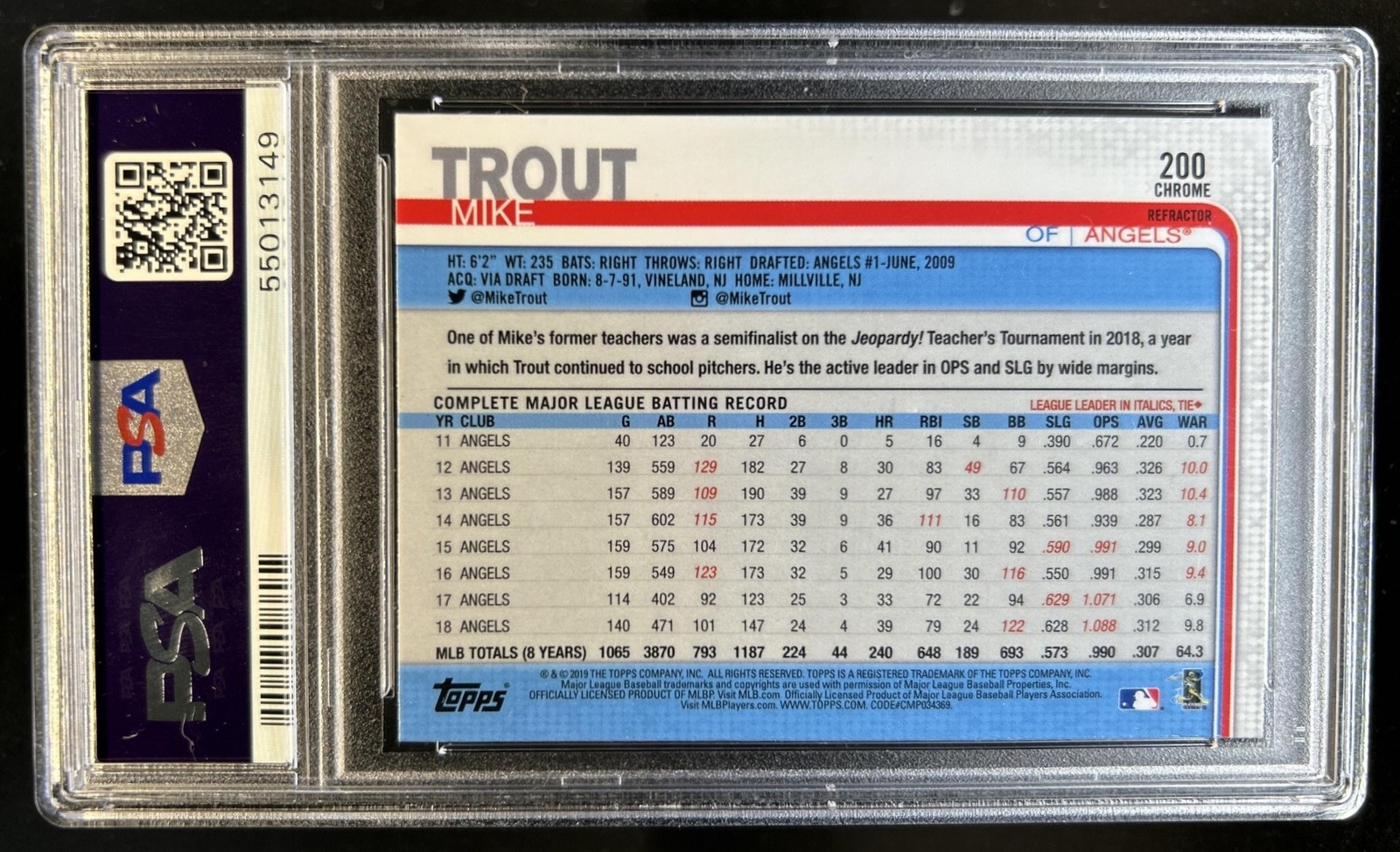 2019 Topps Chrome Mike Trout Sepia Refractor #200 Angels PSA 9 view 2