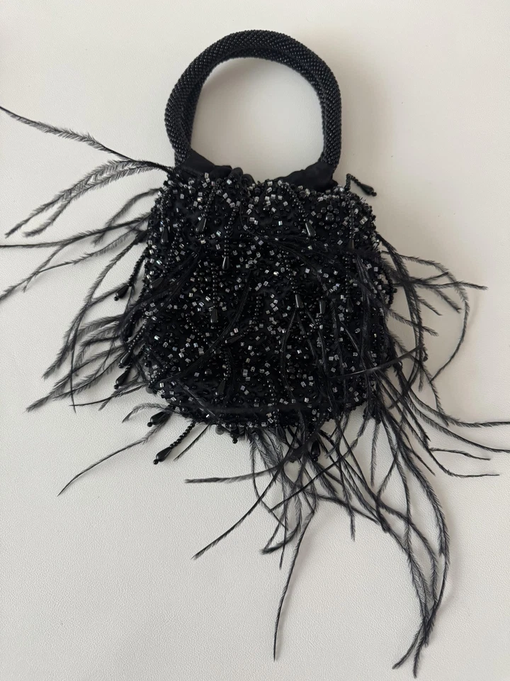 La Regale бисером вечерняя сумка женщин один размер черный перо бахрома сумочка вечеринки - Изображение 3 из 4