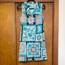 Turquoise Black Ornate Patchwork Patterned Midi Sleeveless Dress Collar Summer