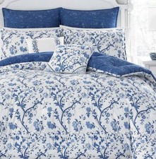 Laura Ashley Full Queen Comforter Set 7-Piece Floral Cotton Navy Blue Euro